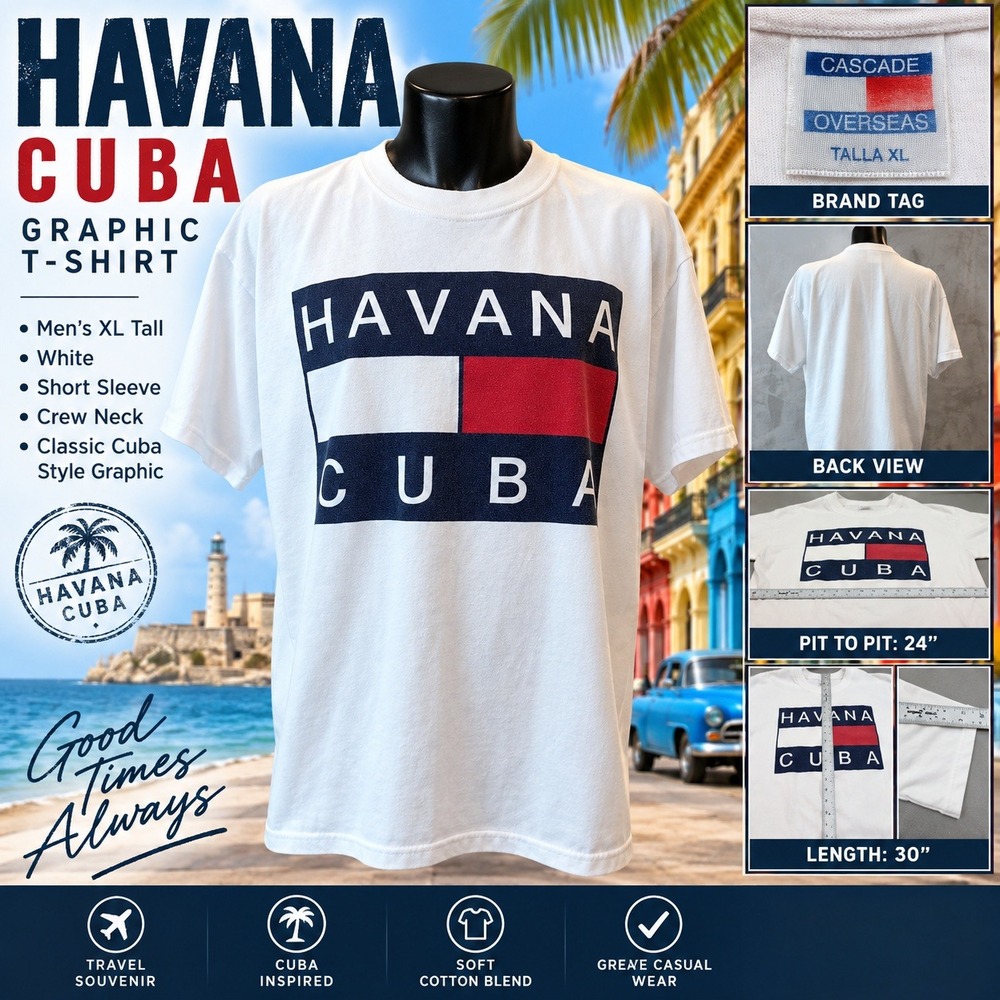 Cascade Overseas Havana Cuba Graphic T-Shirt Mens XL White Short Sleeve Tee